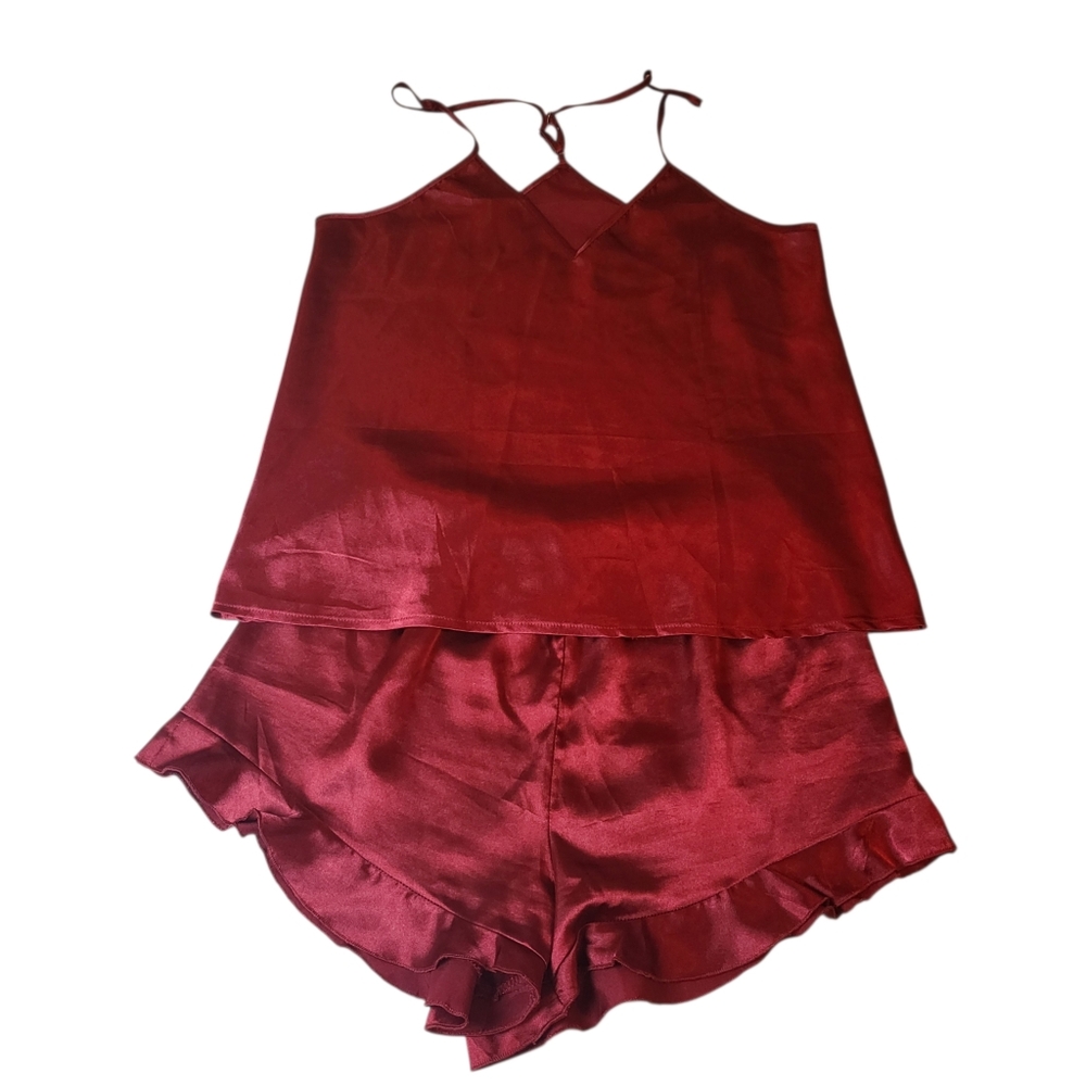 Pajama Set 2 Piece V Neck Cami Top Ruffle Shorts Wine Red Small